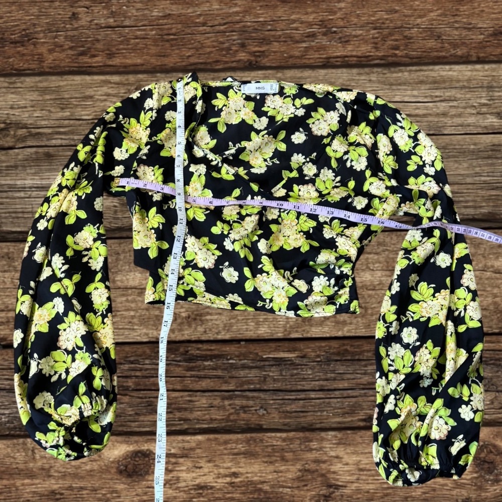 MNG Mango Floral Crop Top Black Lime Green Balloon Sleeve Cottagecore Fairy Boho - Picture 4 of 15